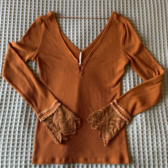 Free People Lace Cuff Copper Thermal Top